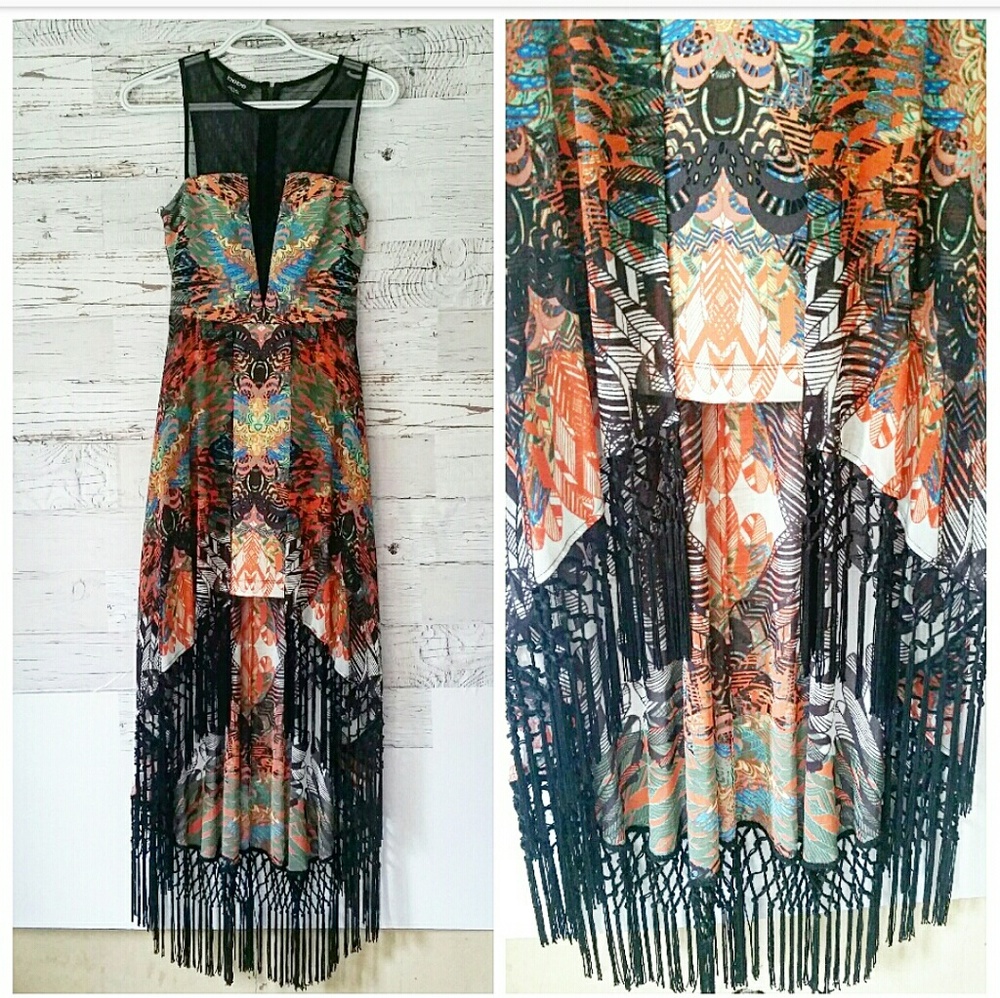 Bebe multicolor high low dress with tassels